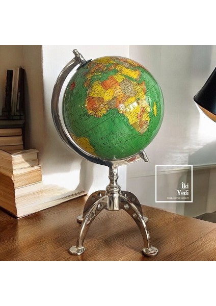Michigan Krom Ayaklı 40 cm Yeşil Dünya Küresi, Lüks Antik Yerküre, Ofis Dekoratif Hediyelik Obje
