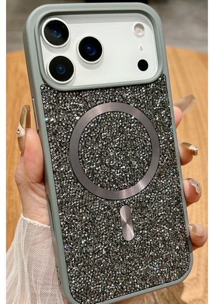Apple iPhone 17 Pro Uyumlu Pırlanta Taşlı Magsafe Şarj Özellikli Kapak Kılıf