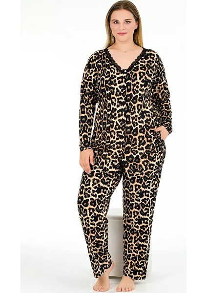 Lady Leopar Desenli Yumuşacık Pijama Uzun Kollu Üst Düğmeli Büyük Beden Viskon Kumaş Pijama Takımı