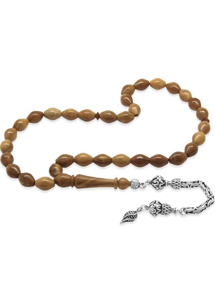 Kuka Tesbih - 925 Ayar Gümüş Kral Püsküllü - Kahverengi - Arpa Kesim