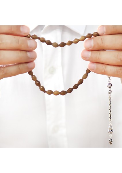 Kuka Tesbih - 925 Ayar Gümüş Kral Püsküllü - Kahverengi - Arpa Kesim modelleri