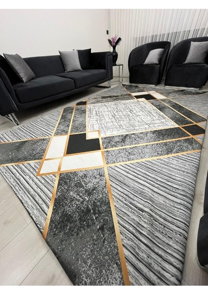 Geometrik Desen Gold Çizgili Halı Örtüsü Gri Siyah *kaymaz Tabanlı Yıkanabilir* fiyatları