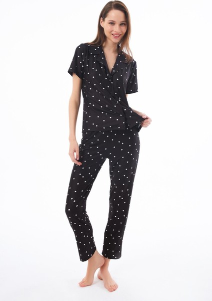 Premium Kadın Pijama Takımı Siyah Kalp Desenli Yumuşak Dokulu Kısa Kollu Gömlek Yaka