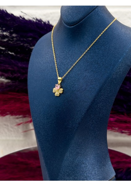 925 Ayar Gümüş Pembe Kuvars Taşlı Yonca Modeli Zarif Kadın Kolye modelleri