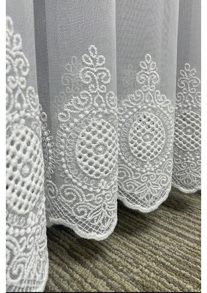 Eliza Eteği Nakışlı Işlemeli Modern Bambu Salon, Oturma Odası, Mutfak Yüksek Kaliteli Tül Perde 1x2,5 Normal Orta Pile