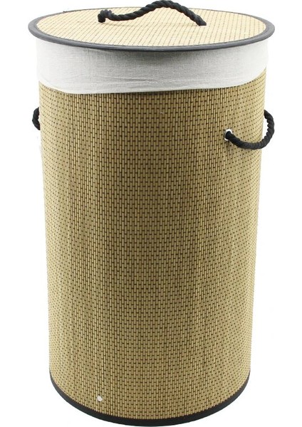 Yuvarlak Hasır - Ahşap Kirli Çamaşır Sepeti 37X60CM Seyyar Kapaklı Içi Bezli Ip Kulplu (4887)