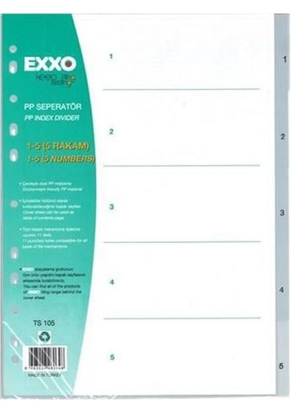 Exxo Seperatör 1-5 Rakamlı Plastik A4 TS105 fiyatları