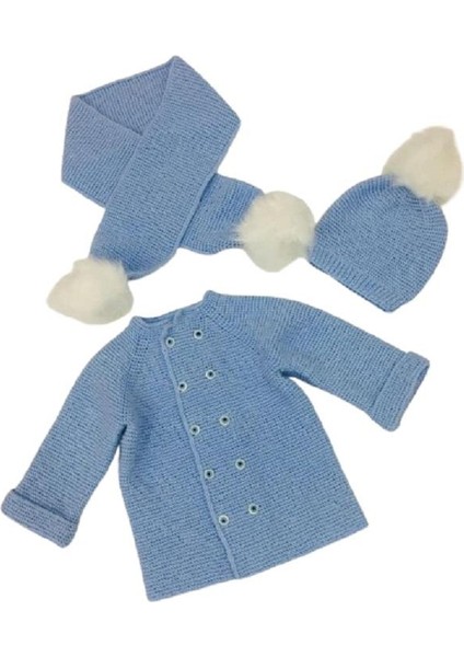 Haroşa Modeli El Örgüsü Mavi Renk Bebek Hırka Bere ve Atkı Takımı