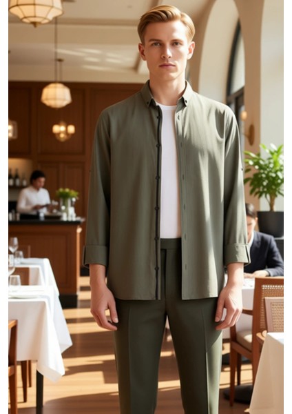 Erkek Casual Slim Fit Keten Görünümlü Apoletli Düğmeli Yaka Uzun Kollu Pamuk Gömlek Modern