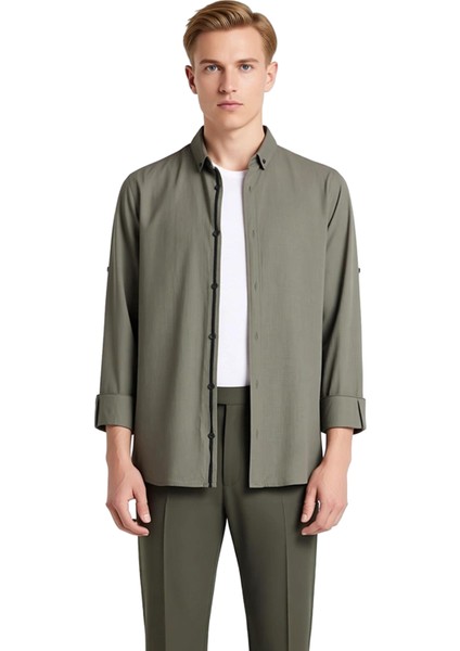 Erkek Casual Slim Fit Keten Görünümlü Apoletli Düğmeli Yaka Uzun Kollu Pamuk Gömlek Modern fiyatları