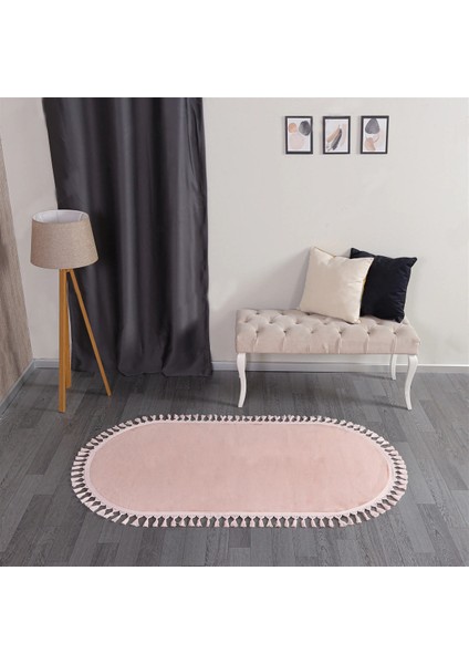 Cloudy Pembe Oval Saçaklı Peluş Yolluk Yumuşacık Yıkanabilir Kaymaz Taban Halı Salon Oturma Odası