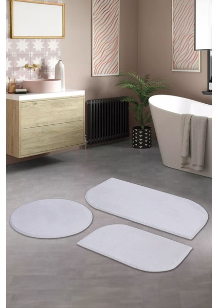 Beyaz Cloudy Banyo Takımı 3'lü Dekoratif Peluş Kaymaz Taban Yıkanabilir. (60X100-40X60-60X60)
