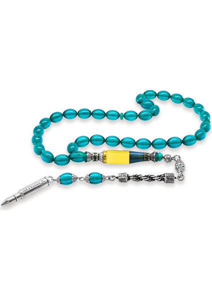 Kararmaz Metal Halat Püsküllü Kurşun Nakkaş Imameli Arpa Kesim Turkuaz Ateş Kehribar Tesbih