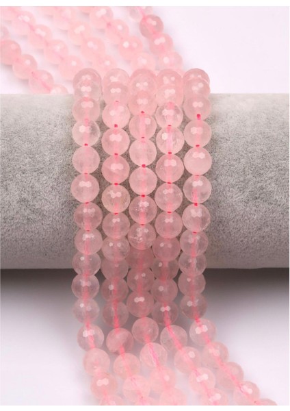 Pembe Kuvars (A Kalite) Doğal Taş Dizi 8 mm Fasetli Yuvarlak Kesim