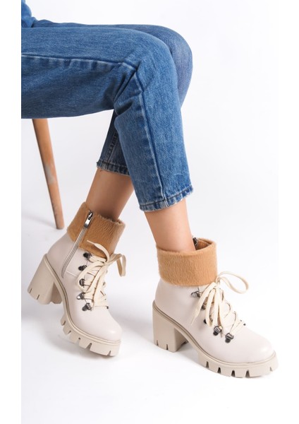 Joss Bağcıklı Fermuarlı Ortopedik Taban Topuklu Kürk Detaylı Cilt Kadın Bot Kt Krem fırsatları