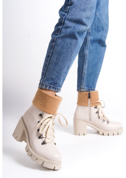 Joss Bağcıklı Fermuarlı Ortopedik Taban Topuklu Kürk Detaylı Cilt Kadın Bot Kt Krem indirimleri