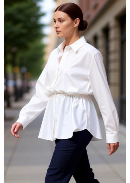 Kadın Büzgülü Bel Detaylı Uzun Kollu Dokuma Gömlek Büyük Beden Şık ve Rahat Günlük Kullanım