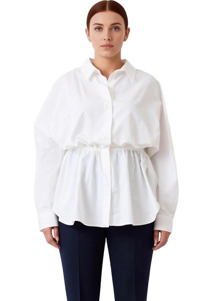 Kadın Büzgülü Bel Detaylı Uzun Kollu Dokuma Gömlek Büyük Beden Şık ve Rahat Günlük Kullanım fırsatları