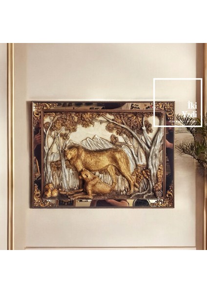 Jackhill Puma Figürlü Kabartma Çerçeve Tablo 82,5X62,5 cm Duvar Dekoru Altın ve Gümüş Detaylı Obje modelleri
