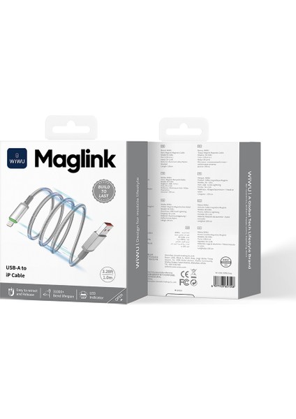 WI-C081 Maglink Serisi Işıklı Magnetik Usb-A To Lightning Işıklı Data ve Şarj Kablosu 1m Gri