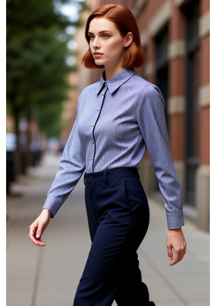 Kadın Çizgili Gömlek Klasik Kesim Gümüş Düğme Detaylı Ofis Günlük Kullanım Rahatlığı Rahat