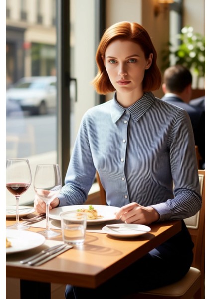 Kadın Çizgili Gömlek Klasik Kesim Gümüş Düğme Detaylı Ofis Günlük Kullanım Rahatlığı Rahat fiyatları