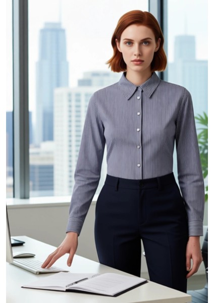 Kadın Çizgili Gömlek Klasik Kesim Gümüş Düğme Detaylı Ofis Günlük Kullanım Rahatlığı Rahat modelleri