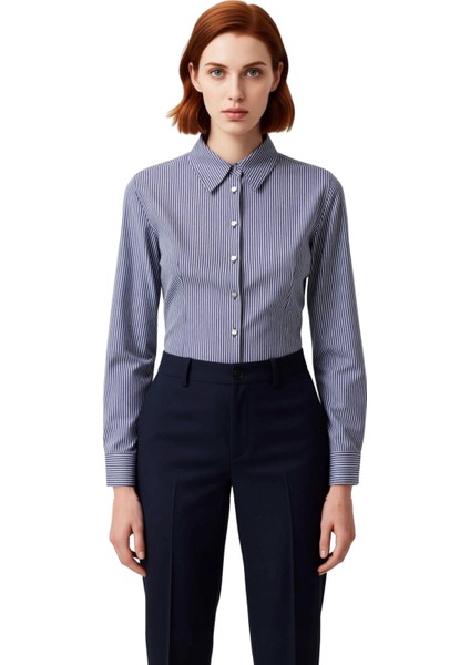 Kadın Çizgili Gömlek Klasik Kesim Gümüş Düğme Detaylı Ofis Günlük Kullanım Rahatlığı Rahat fırsatları