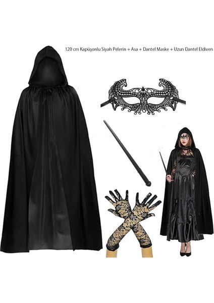 120 cm Kapüşonlu Siyah Pelerin + Asa + Dantel Maske + Uzun Dantel Siyah Eldiven Kostüm Set