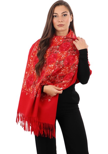Kırmızı Nakışlı Kışlık Şal