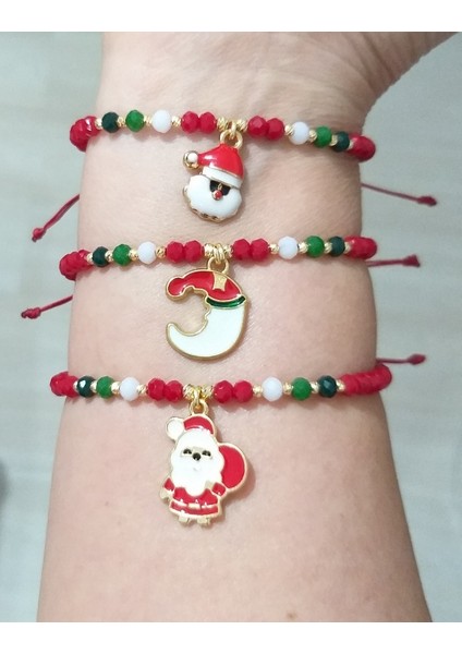 Üç Adet Yılbaşı Kartlı Kristal Boncuklu Noel Baba Yeni Yıl Temalı Bileklik