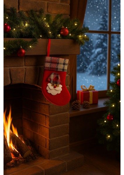 Noel Baba Desenli Kırmızı Mini Keçe Çorap Şömine Yılbaşı Süsü Ev Dekoru Kar Temalı Aksesuar