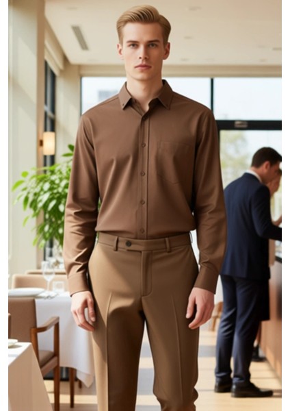 Erkek Düz Renk Gabardin Dokulu Regular Fit Uzun Kollu Casual Gömlek Günlük Şıklık Sunar Şık modelleri