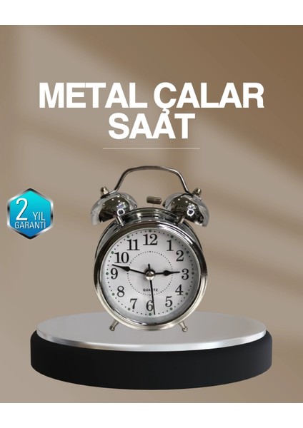 Buğz Dekoratif Yuvarlak Gümüş Sessiz Işıklı Masa Üstü Çalar Saat Alarmlı ve Şık Tasarım