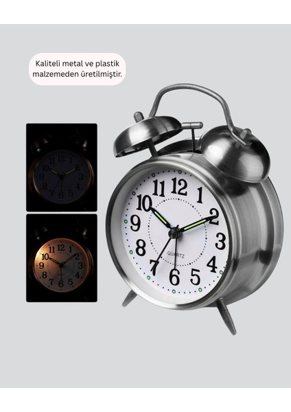 Buğz Dekoratif Yuvarlak Gümüş Sessiz Işıklı Masa Üstü Çalar Saat Alarmlı ve Şık Tasarım indirimleri