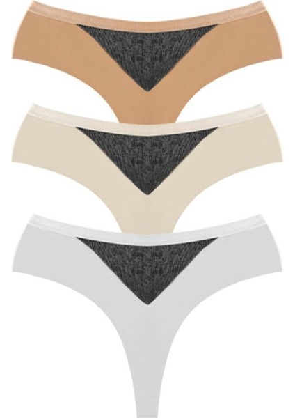 File Detaylı Beli Lastikli Lazer Kesim Büyük Beden Kadın Tanga Külot 3'lü Paket-2