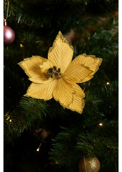 Yılbaşı Çam Dalı Atatürk Çiçeği Ponsetya (25 Cm) - Altın Simli 8 Yapraklı Dekoratif Yılbaşı Süsü