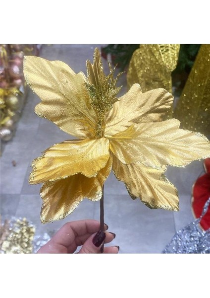 Yılbaşı Çam Dalı Atatürk Çiçeği Ponsetya (25 Cm) - Altın Simli 8 Yapraklı Dekoratif Yılbaşı Süsü fiyatları
