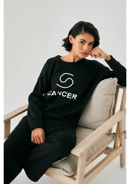 Kadın Siyah Yengeç Burcu Oversize 2 Iplik Eşofman Ev Giyim Takımı fırsatları