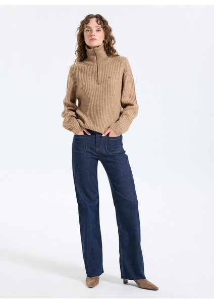 Yüksek Bel Düz Paça Bol Kesim Koyu Indigo Kadın Denim Pantolon J5WL-PNT7119 modelleri