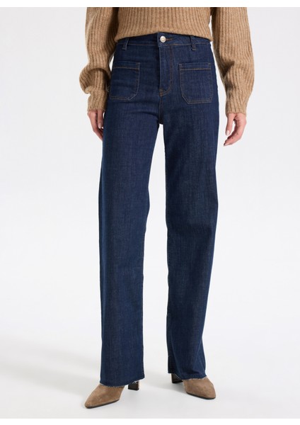 Yüksek Bel Düz Paça Bol Kesim Koyu Indigo Kadın Denim Pantolon J5WL-PNT7119 fırsatları