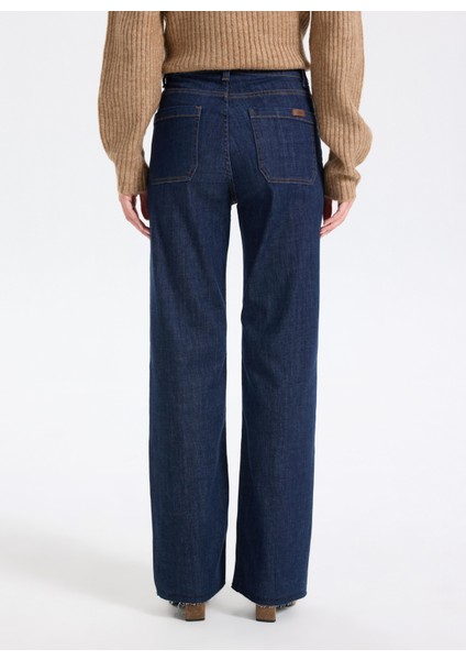 Yüksek Bel Düz Paça Bol Kesim Koyu Indigo Kadın Denim Pantolon J5WL-PNT7119