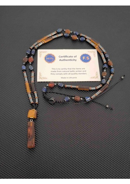 Fosilli Damla Kehribar-Kaplangözü-Lapis Lazuli-Hematit Doğaltaş Kolye Takı Aksesuar Erkek Kolye