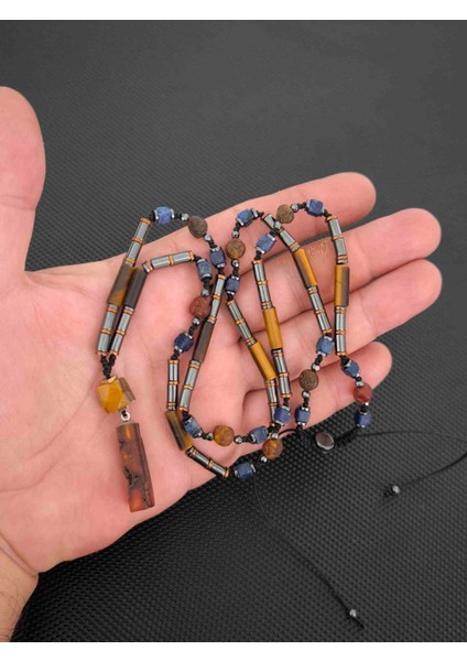Fosilli Damla Kehribar-Kaplangözü-Lapis Lazuli-Hematit Doğaltaş Kolye Takı Aksesuar Erkek Kolye modelleri