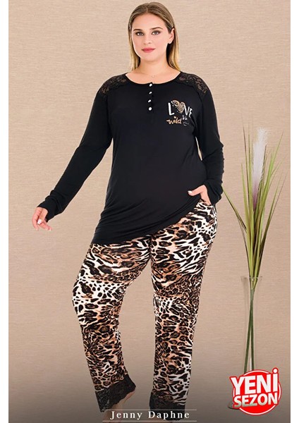 Lady Leopar Desenli Dantel Paçalı Yumuşacık Pijama Uzun Kollu Düğme Yakalı Viskon Pijama Takımı