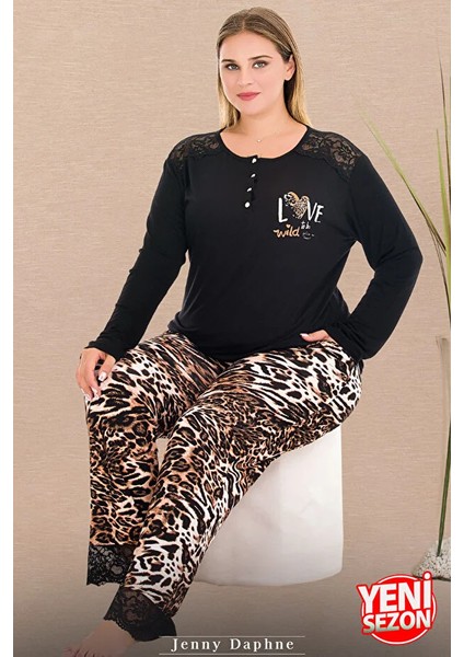 Lady Leopar Desenli Dantel Paçalı Yumuşacık Pijama Uzun Kollu Düğme Yakalı Viskon Pijama Takımı fiyatları