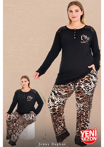 Lady Leopar Desenli Dantel Paçalı Yumuşacık Pijama Uzun Kollu Düğme Yakalı Viskon Pijama Takımı modelleri