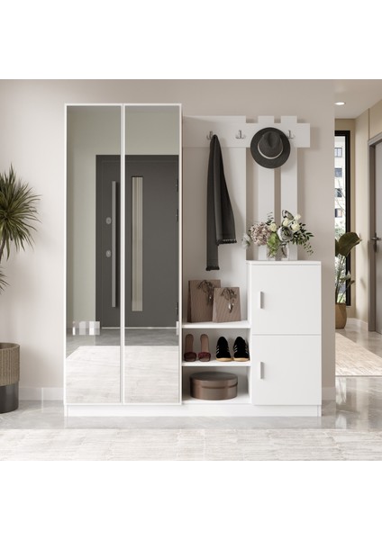 Jade Aynalı Vestiyer Portmanto Ayakkabılık Raflı 4 Kapaklı Beyaz Jad8-W