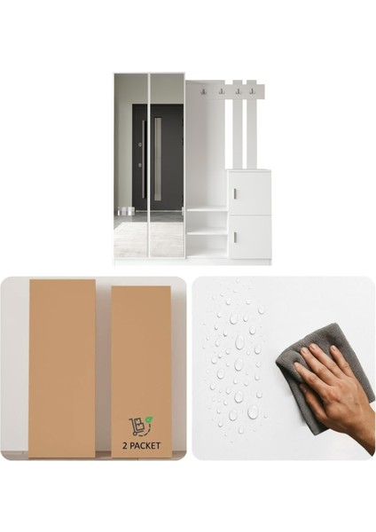 Jade Aynalı Vestiyer Portmanto Ayakkabılık Raflı 4 Kapaklı Beyaz Jad8-W