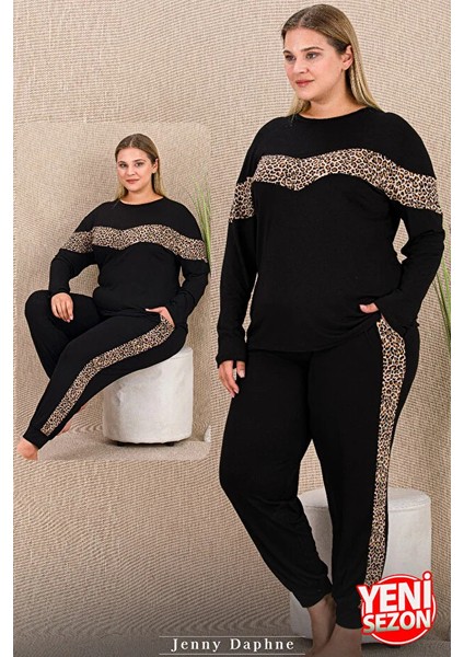 Lady Leopar Desenli Manşet Paçalı Pijama Uzun Kollu Bisiklet Yakalı Viskon Kumaş Pijama Takımı